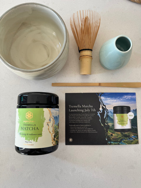 SuperFeast Tremella Matcha with matcha tea set flat lay