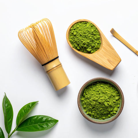 matcha powder with chasen whisk and chashaku